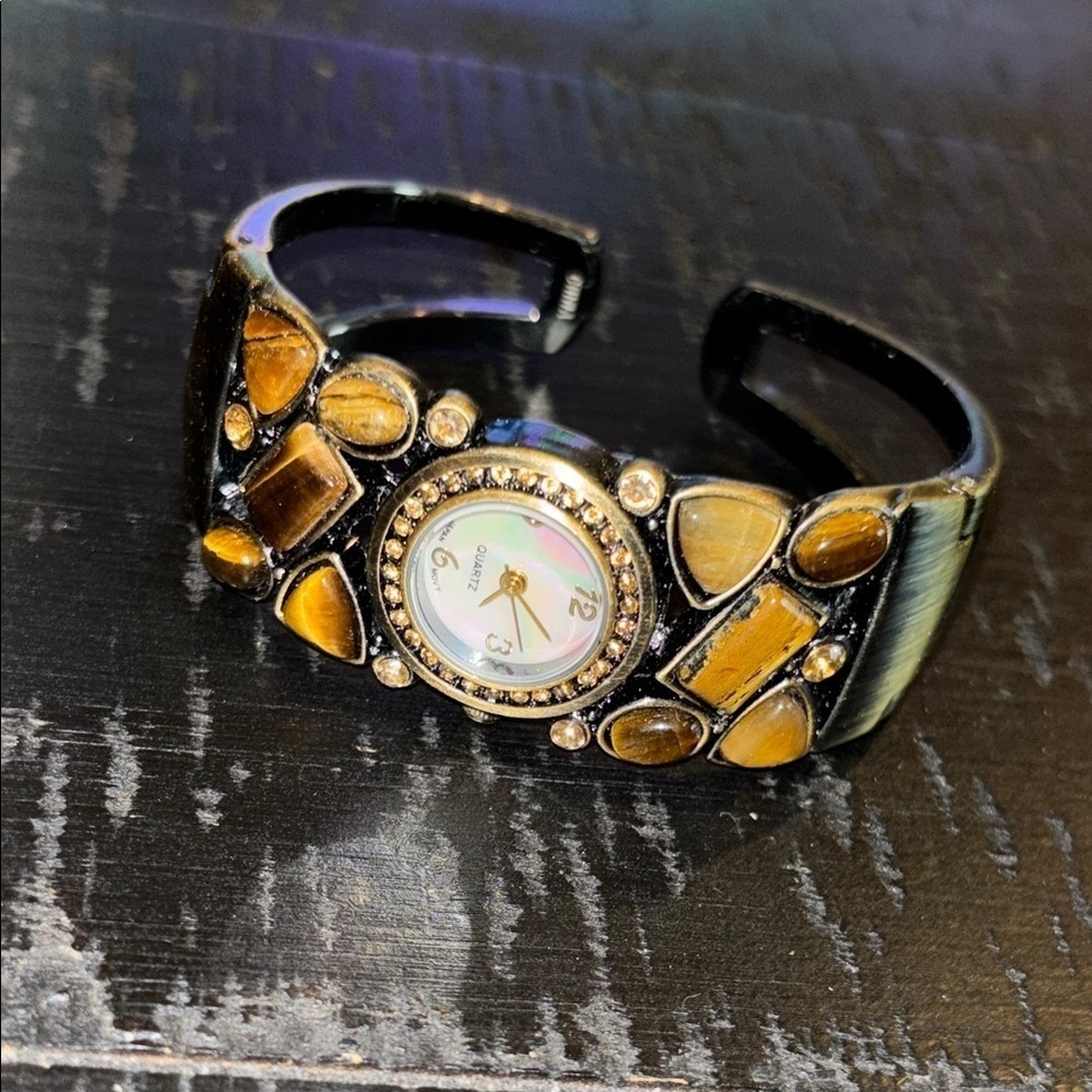 Vintage Orange Tigers Eye Croc Cuff Wrist Watch Bracelet Quartz Japan Movement​